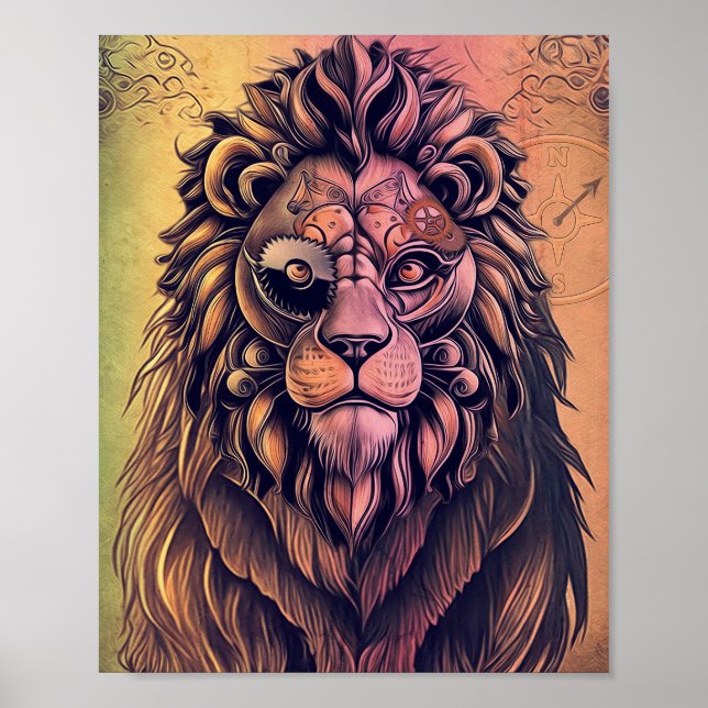 Steampunk Color Gradient Rustic Lion Poster (Front)