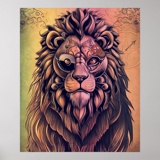  Steampunk Color Gradient Rustic Lion Poster (Front)