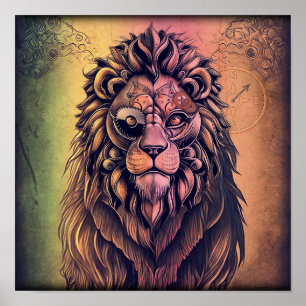 Steampunk Color Gradient Rustic Lion Poster