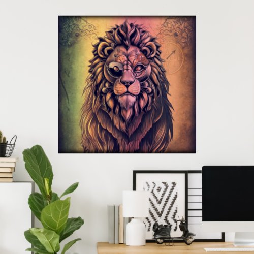 Steampunk Color Gradient Rustic Lion Poster