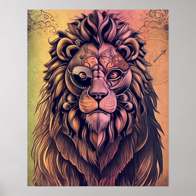 Steampunk Color Gradient Rustic Lion Poster (Front)