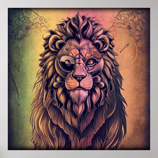 Steampunk Color Gradient Rustic Lion Poster (Front)