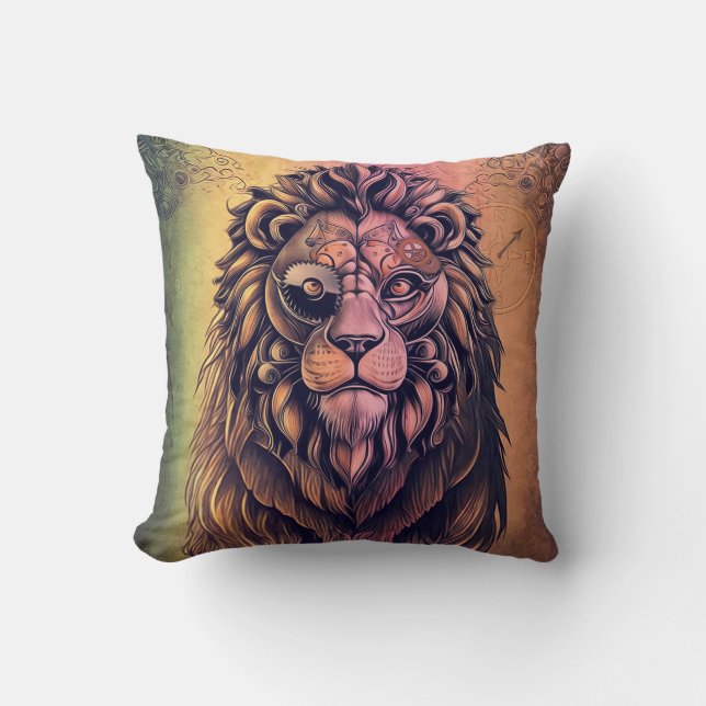 Steampunk Color Gradient Rustic Lion Throw Pillow (Front)