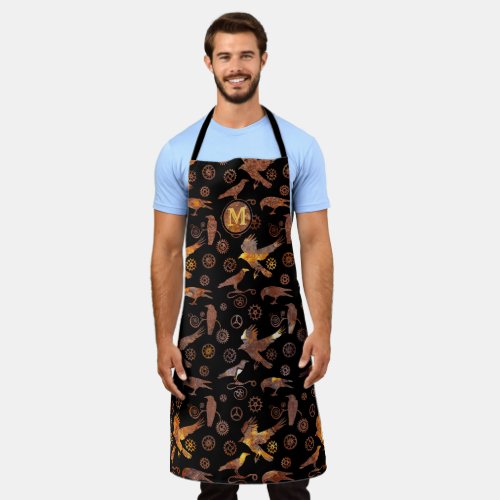 Steampunk Colorful Rust Gears and Crows Monogram Apron