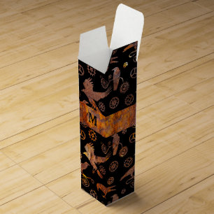 Steampunk Colorful Rusty Gears and Crows Monogram Wine Box