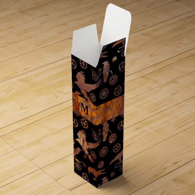 Steampunk Colorful Rusty Gears and Crows Monogram Wine Box (Opened)