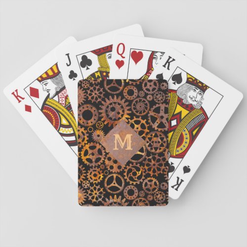 Steampunk Colorful Rusty Gears Custom Monogram Poker Cards