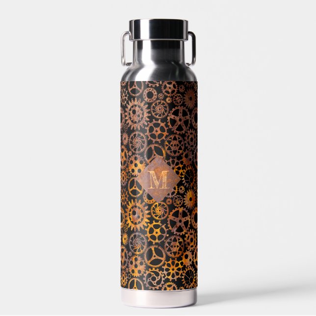 Steampunk Colorful Rusty Gears Custom Monogram Water Bottle (Front)