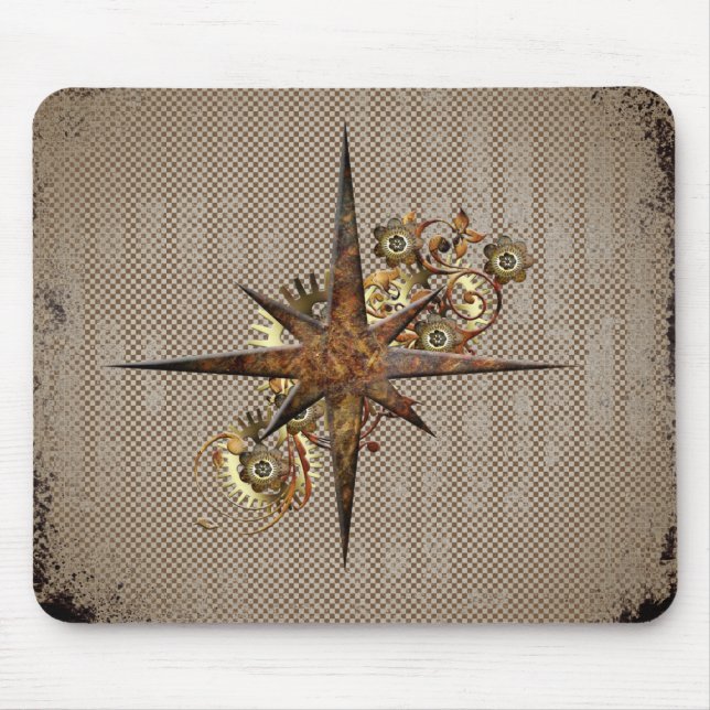 Steampunk Compass Star Grunge Mouse Pad (Front)