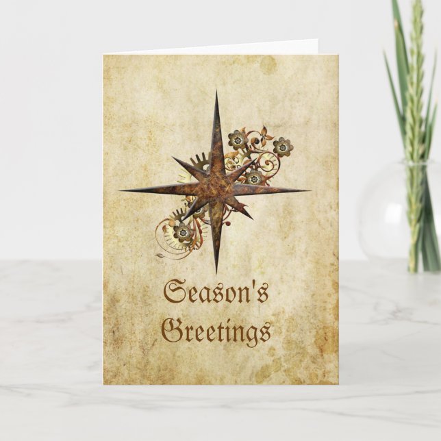 Steampunk Compass Star Holiday Card (Front)