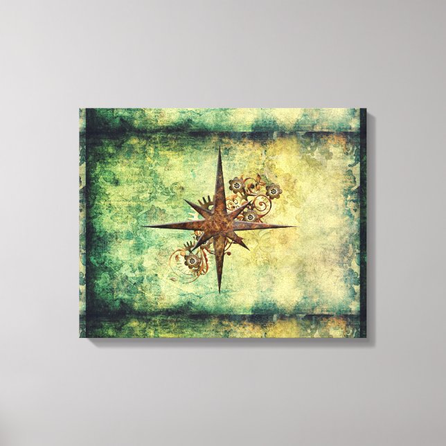 Steampunk Compass Star Wrapped Canvas Print (Front)