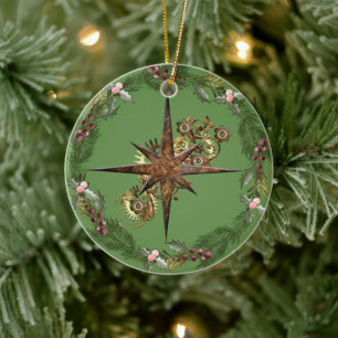 Steampunk Compass Star & Wreath Customizable Ceramic Ornament