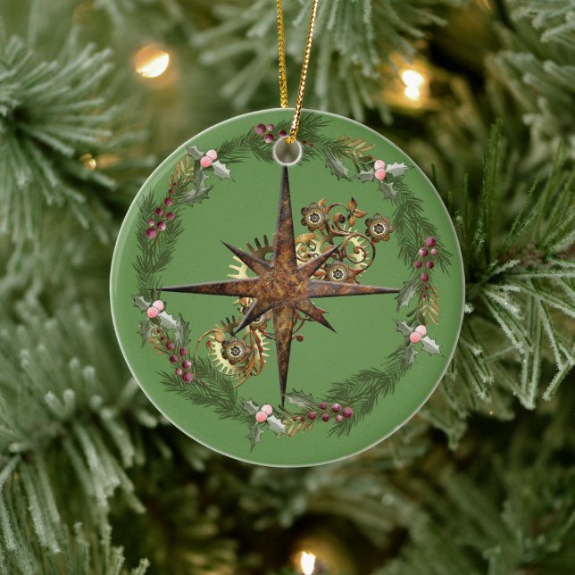 Steampunk Compass Star & Wreath Customizable Ceramic Ornament (Tree)