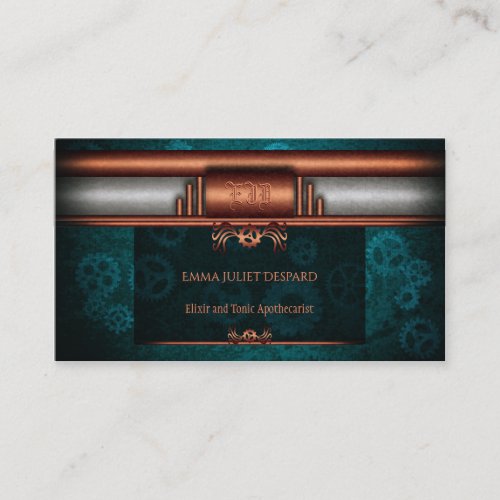 Steampunk copper and silver on teal cogs, Monogram Business Card