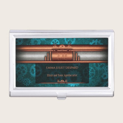 Steampunk copper and silver on teal cogs, Monogram Business Card Case