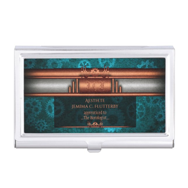 Steampunk copper and silver on teal cogs, Monogram Business Card Case (Front)
