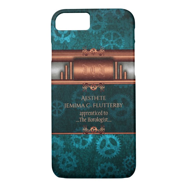 Steampunk copper and silver on teal cogs, Monogram Case-Mate iPhone Case (Back)
