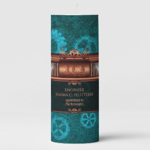 Steampunk copper and silver on teal cogs, Monogram Pillar Candle