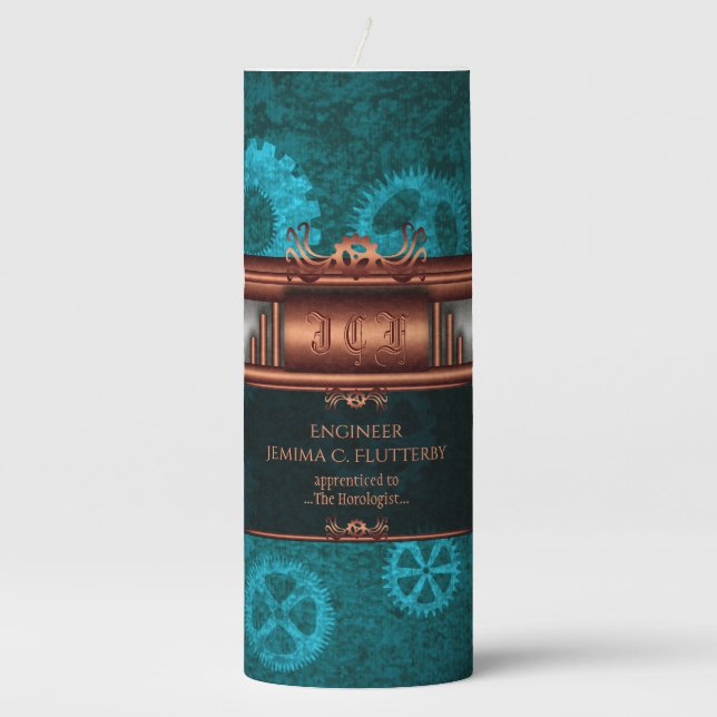 Steampunk copper and silver on teal cogs, Monogram Pillar Candle (Front)