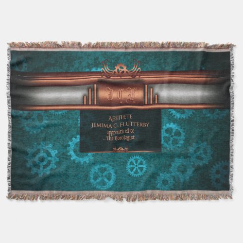 Steampunk copper and silver on teal cogs, Monogram Throw Blanket