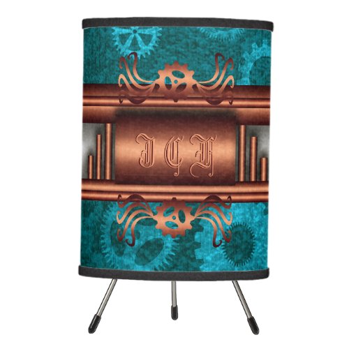 Steampunk copper and silver on teal cogs, Monogram Tripod Lamp