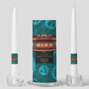 Steampunk copper and silver on teal cogs, Monogram Unity Candle Set
