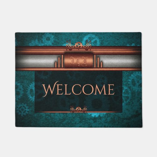 Steampunk, copper-look on teal cogwheels, Monogram Doormat