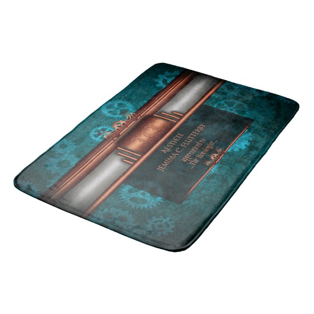Steampunk, copper on teal cogwheels, Monogram Bath Mat (Angled)