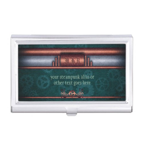Steampunk, copper on teal cogwheels, Monogram Business Card Holder