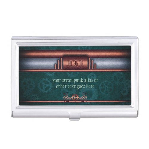 Steampunk copper on teal cogwheels Monogram Business Card Holder