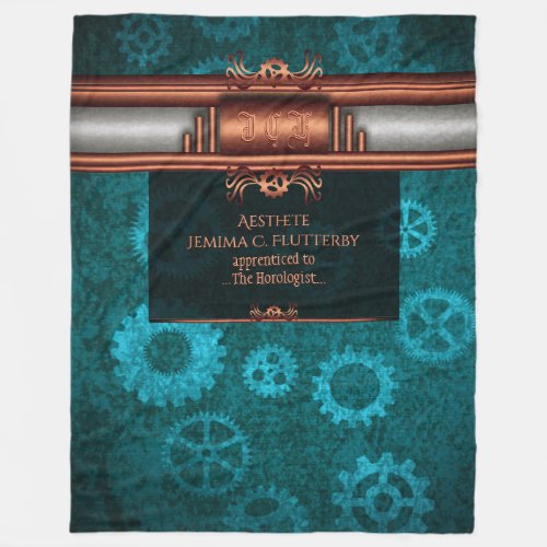 Steampunk, copper on teal cogwheels, Monogram Fleece Blanket