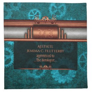 Steampunk, copper on teal cogwheels, Monogram Napkin