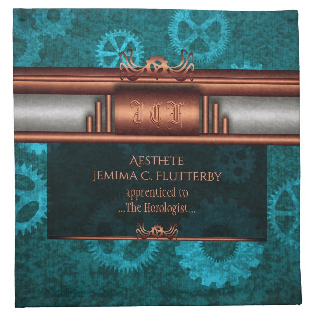 Steampunk, copper on teal cogwheels, Monogram Napkin (Front)
