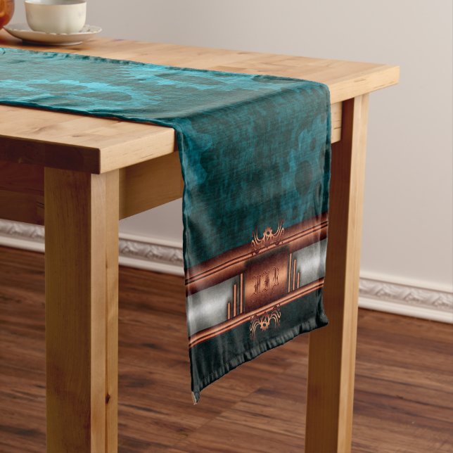 Steampunk, copper on teal gearwheels, Monogram Short Table Runner (In Situ)