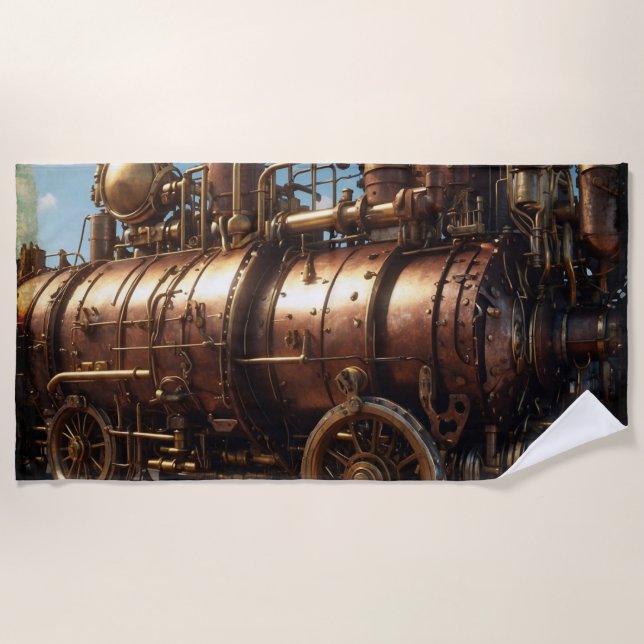 Steampunk Copper Steam Train Beach Towel (Front)