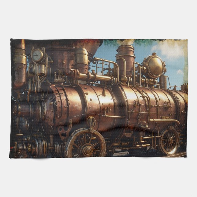 Steampunk Copper Steam Train Kitchen Towel (Horizontal)