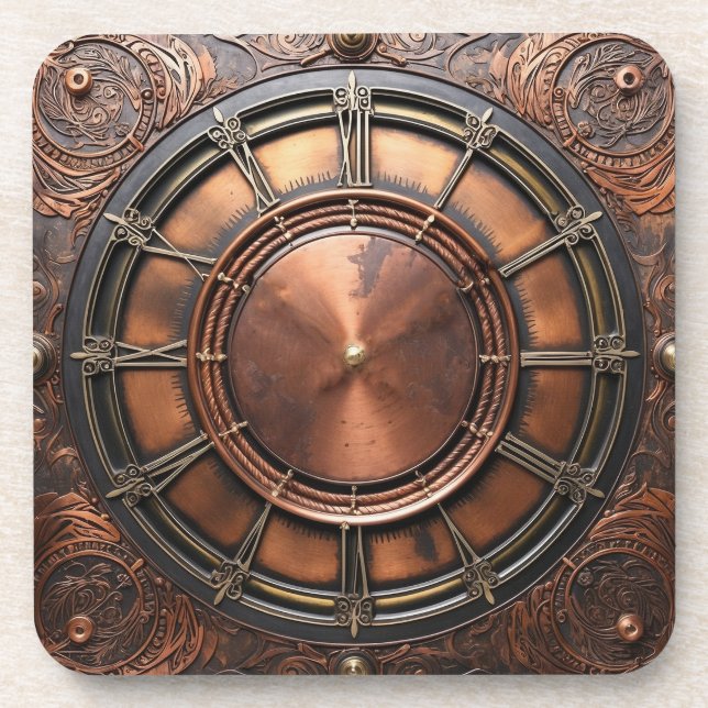 Steampunk Copper Time Face Beverage Coaster (Front)