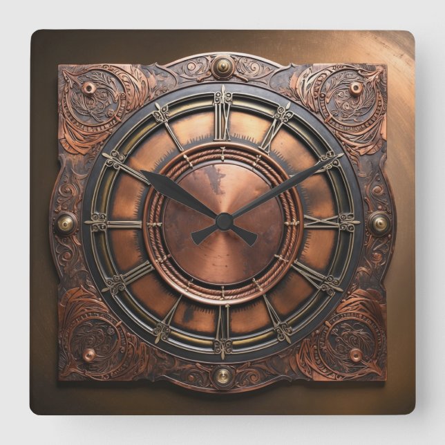 Steampunk Copper Time Face Square Wall Clock (Front)