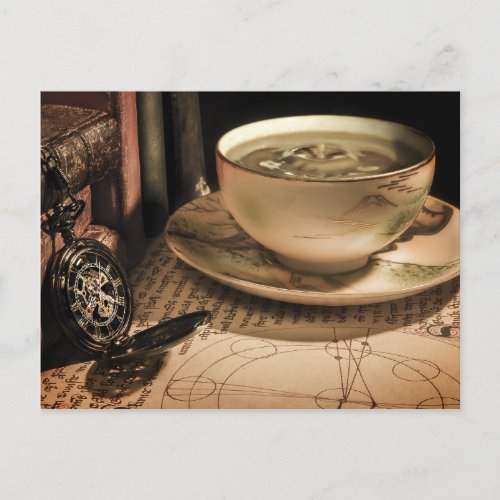 Steampunk Cup of Coffee on Saucer w Pocket Watch Postcard