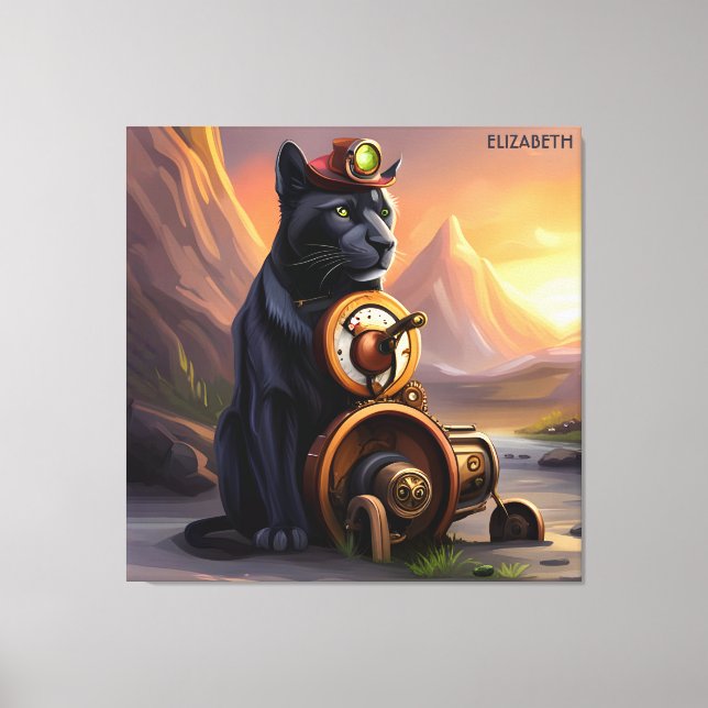 Steampunk Cute Panther Rusty Fantasy Vintage Canvas Print (Front)