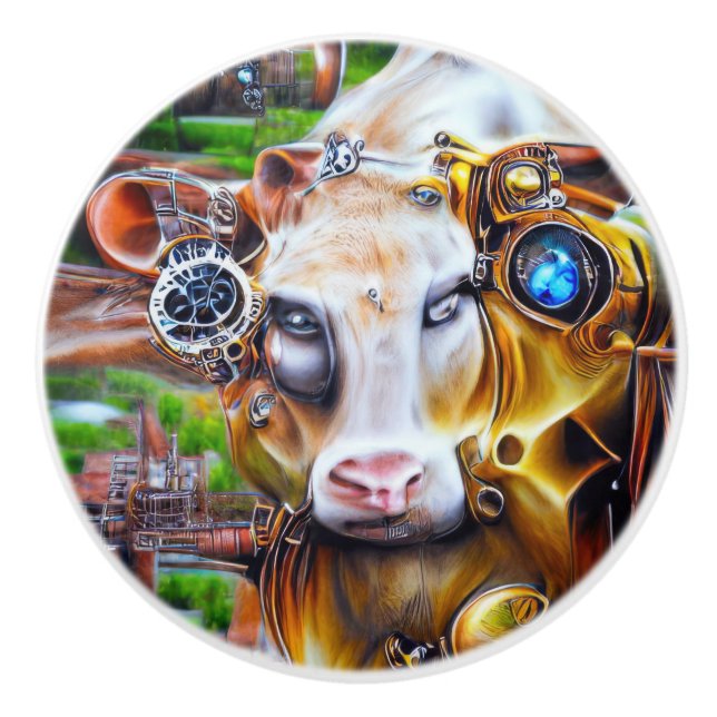 Steampunk Cyber Cow Ceramic Knob (Front)