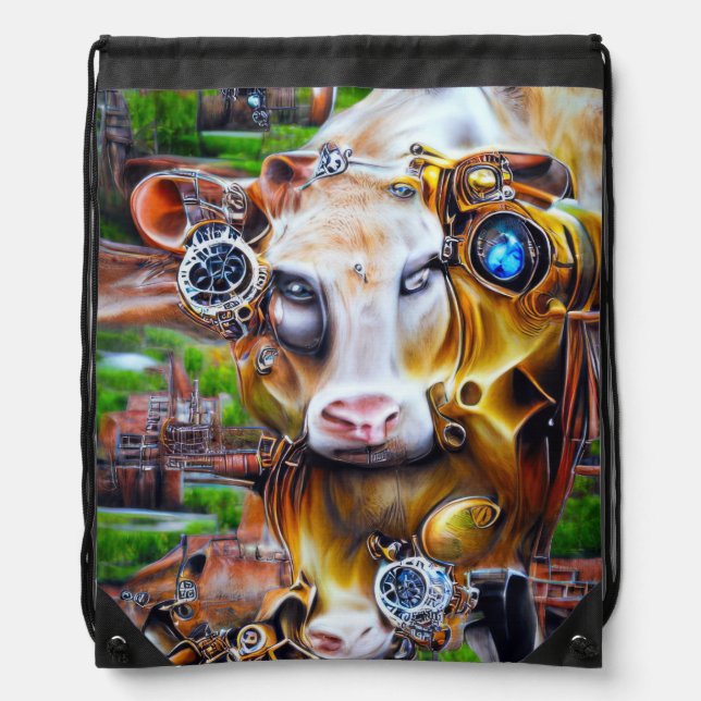 Steampunk Cyber Cow Drawstring Bag (Front)