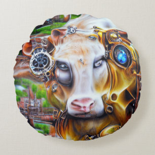 Steampunk Cyber Cow Round Pillow