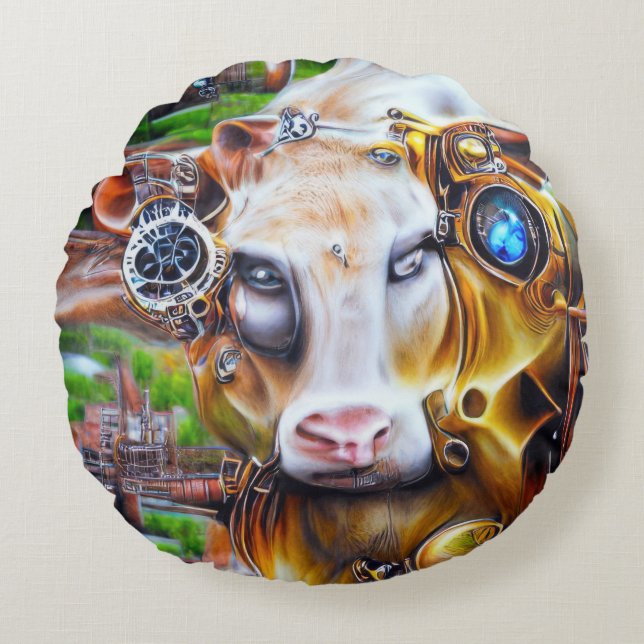 Steampunk Cyber Cow Round Pillow (Front)