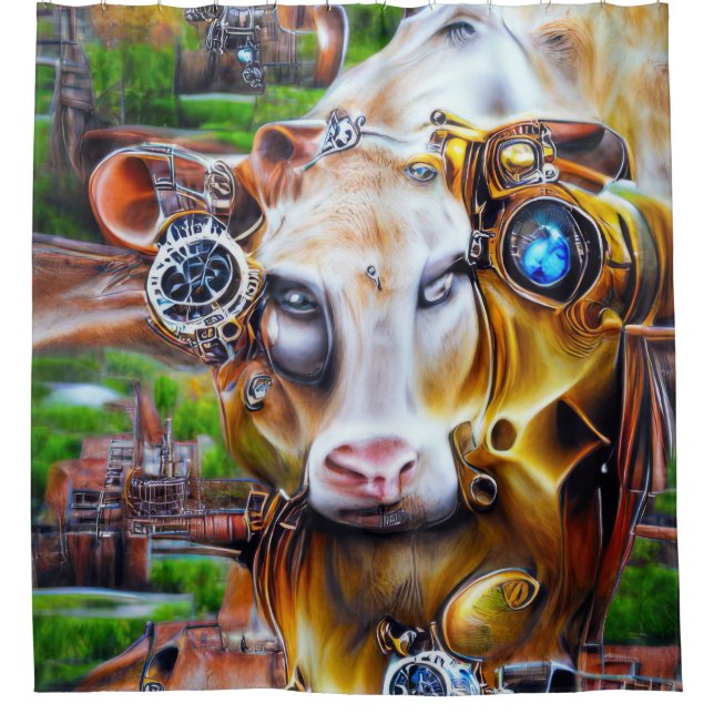 Steampunk Cyber Cow Shower Curtain (Front)