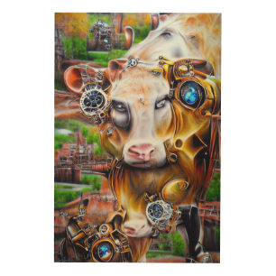 Steampunk Cyber Cow Wood Wall Art