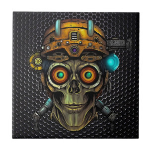 Steampunk Cyborg Skull Ceramic Tile