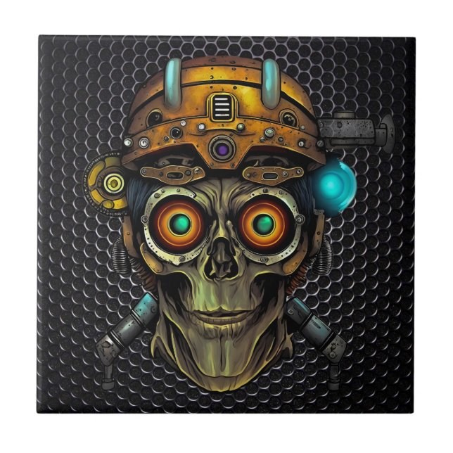 Steampunk Cyborg Skull Ceramic Tile (Front)