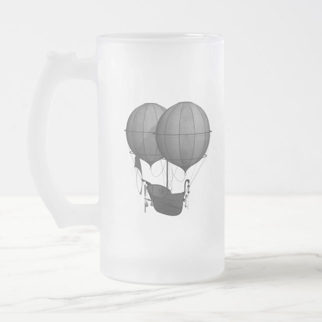 Steampunk Design Black and White Flying Machine Frosted Glass Beer Mug (Left)