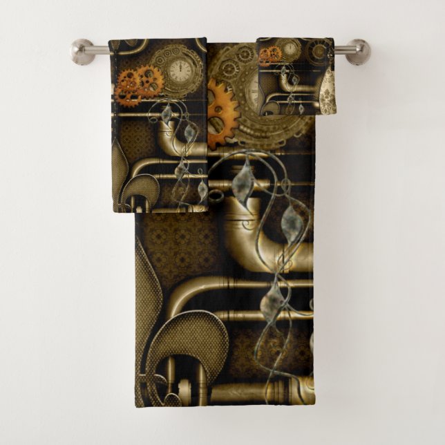 Steampunk design with clocks and gears bath towel set (Insitu)